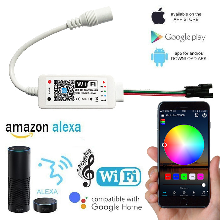 12/24VDC LED WiFi Music SPI Dream Color Addressable Controller Works with Amazon Alexa, Google Assistant